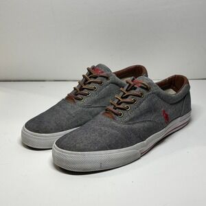 Polo Ralph Lauren Vito Mens 11D Grey Chambray Leather Trim Sneakers Low Shoes